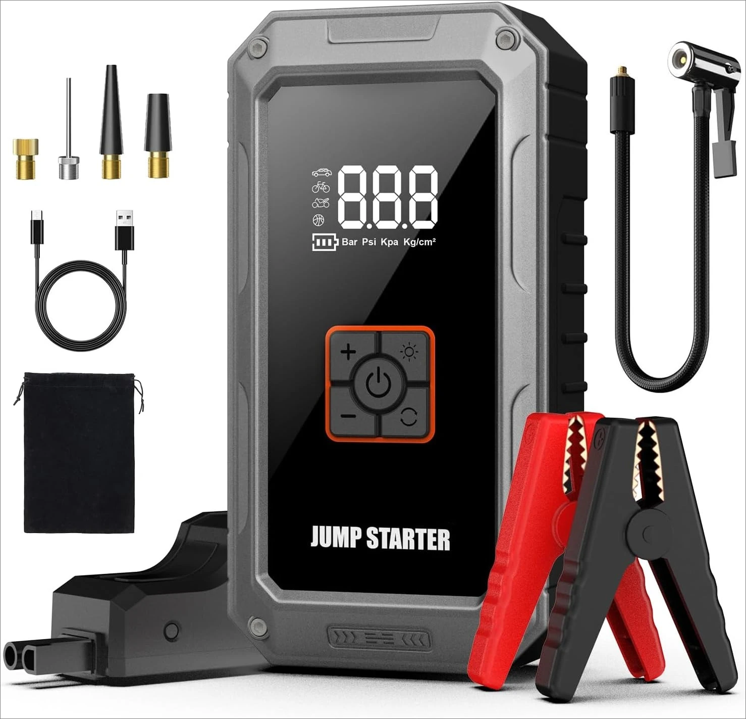 Car Battery Jump Starter 6000A with Air Compressor 150PSI Portable Power Pack 12V LED Light