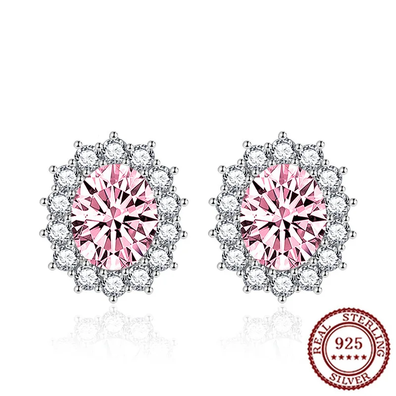 

925 Sterling Silver New Retro Hong Kong Style Oval Earrings, Ruby Earrings, Compact and Colorful Pink Diamond Earrings