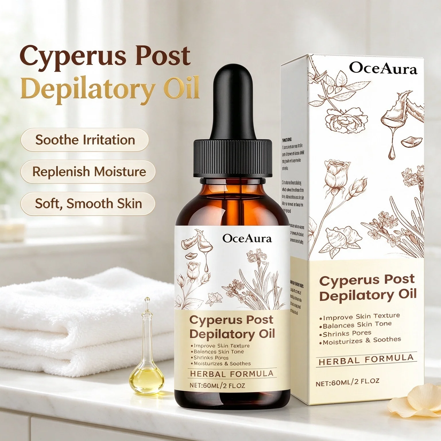 Natural Cyperus Rotundus Essential Oil 60ml for Hair Removal Moisturizing Soothing Skin Reducing Body Hair Painless After