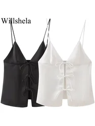 Willshela Women Fashion Solid Backless Bow Lace Up Camisole Vintage Thin Straps V-Neck Female Chic Lady Tops