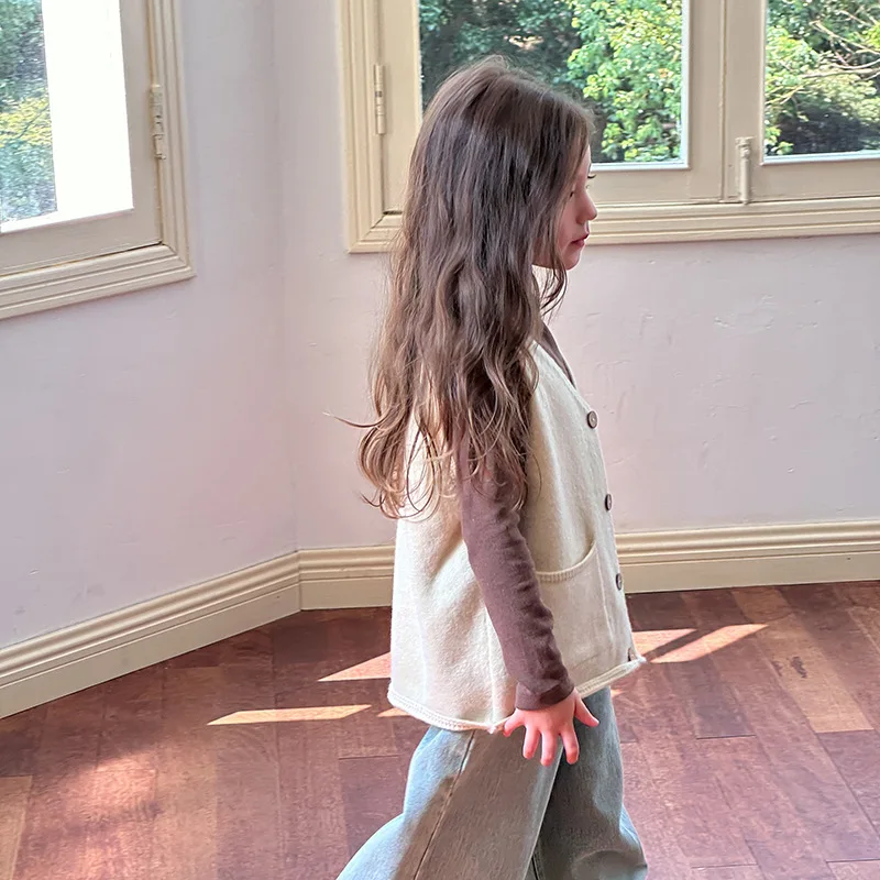 Children Clothes Girls Temperament Korean Style Casual Sweater Vest Autumn Warm Solid Color Casual Simple Knit Cardigan Vest image 3
