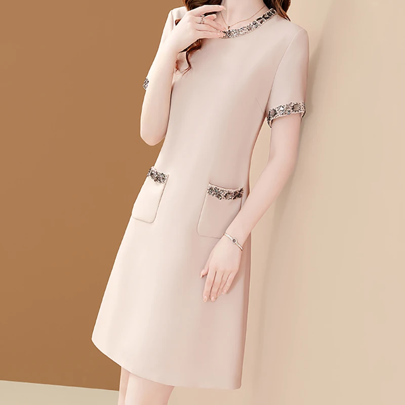 EVNISI Women Elegant O-neck Embroidered Flares Dress Short Sleeve Casual Slim Office A-line Dresses Party Women Fairy Vestido