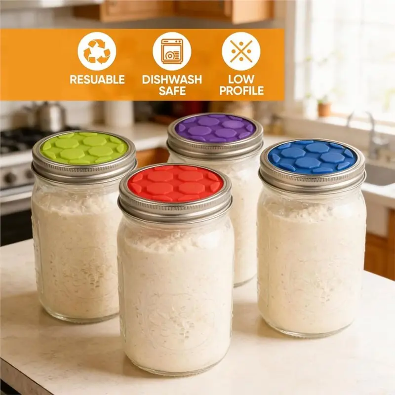 AB66-One-Way Airlock Valve& Self-Burping Silicone Fermentation Lids(4PCS) For Wide Mouth Mason Jars For Sauerkraut