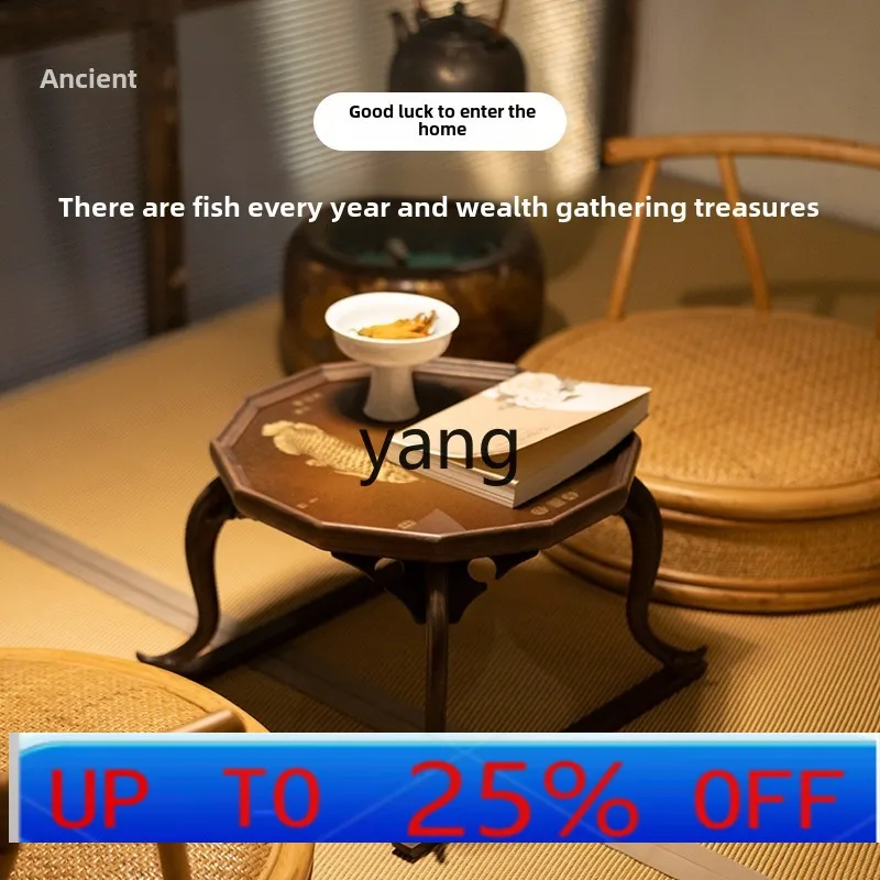 

Lcx solid wood inlaid copper household kang several balcony small tea table walnut retro small coffee table