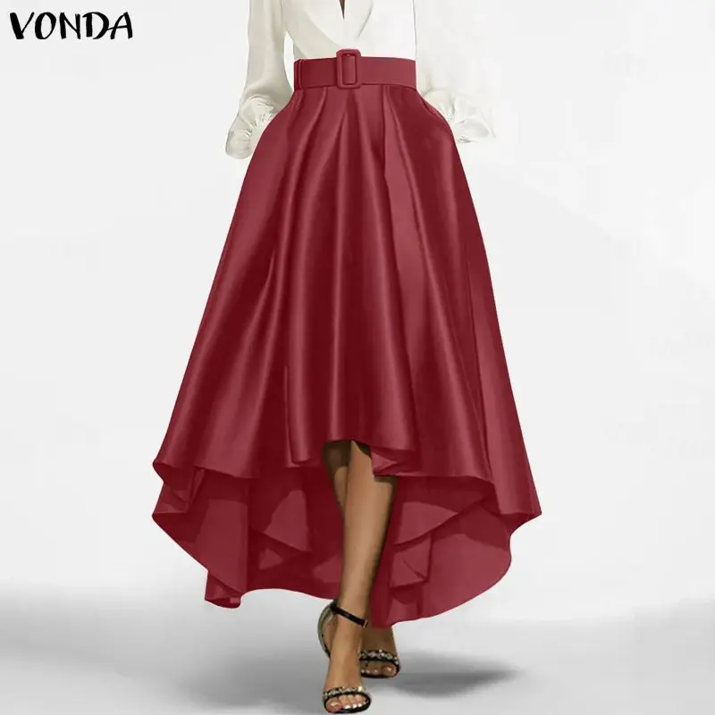 VONDA Plus Size Maxi Skirts 5XL Women Asymmetrical Fashion Satin Bottoms Solid Elegant Belted High Waist Long Jupes Faldas Saia view 2