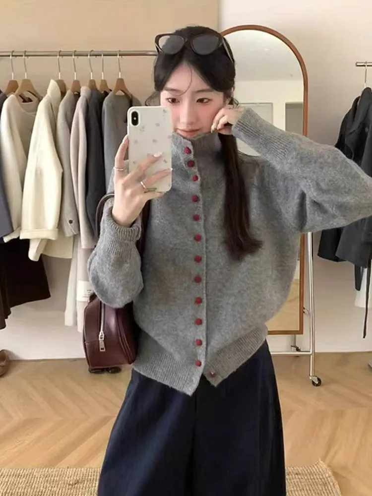 

Корейский однотонный шерстяной вязаный кардиган с высоким воротником, осень-зима, повседневная верхняя одежда на одной пуговице Ele Long Sve...