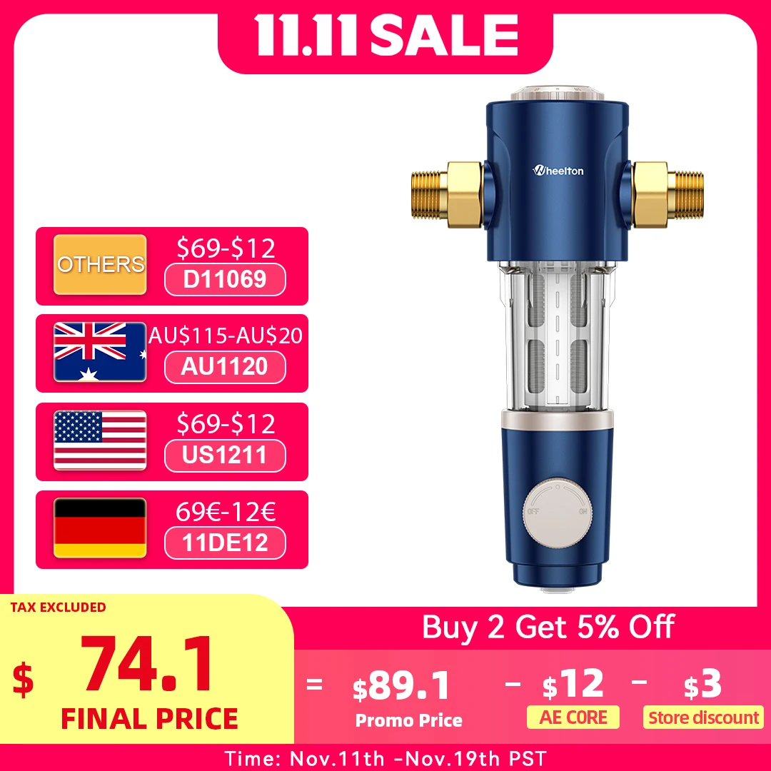 

WHEELTON Whole House Water Filter Spin Down Sediment System Pre-Filter Auto-Rotated Flush Double-sided Scraper 1/2"&3/4"&1“