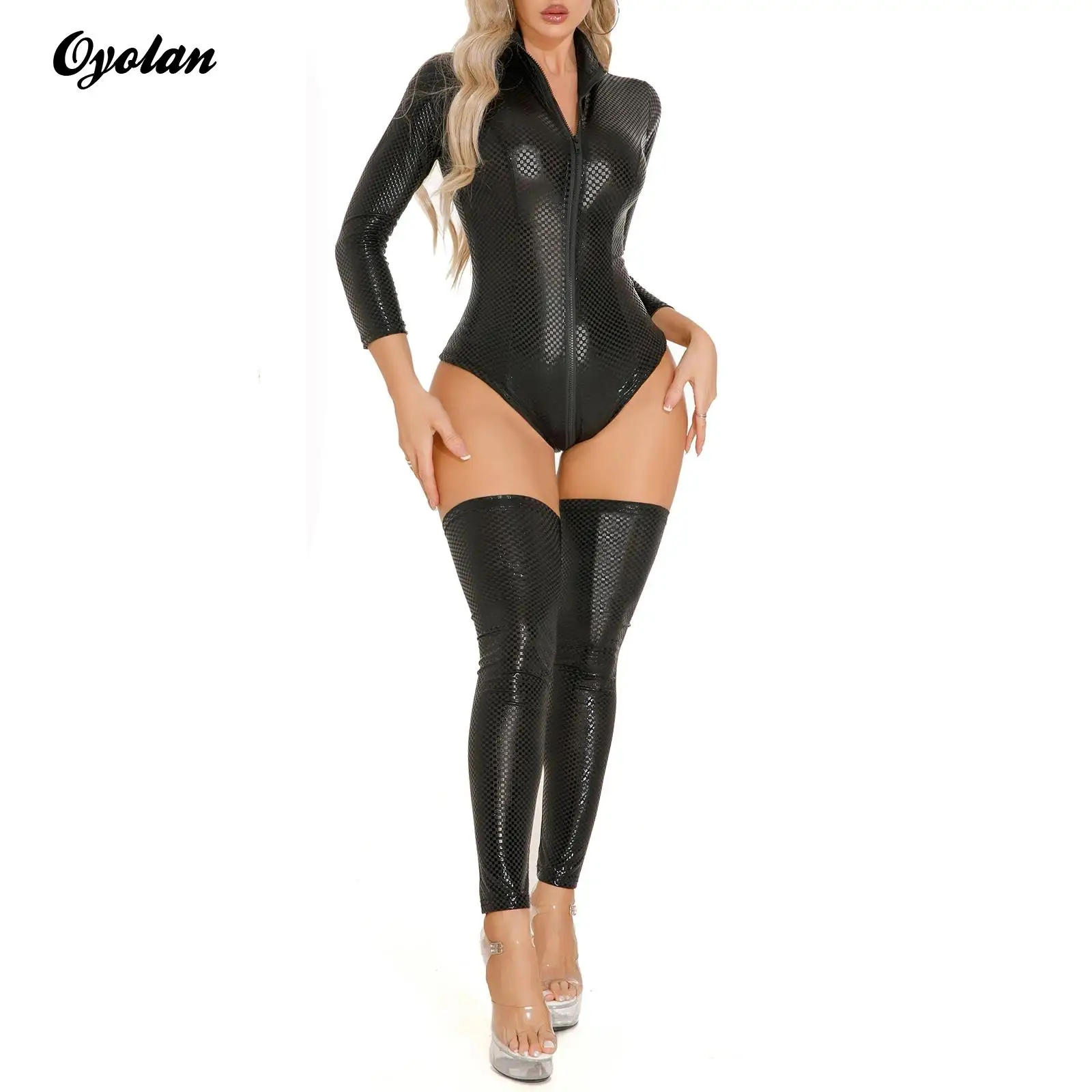 

Women Lingerie Latex Lacquer Leather Plaid Jumpsuit with Stockings Racer Cosplay Outfits Zipper Leotard Bodysuit Rave Club Wear