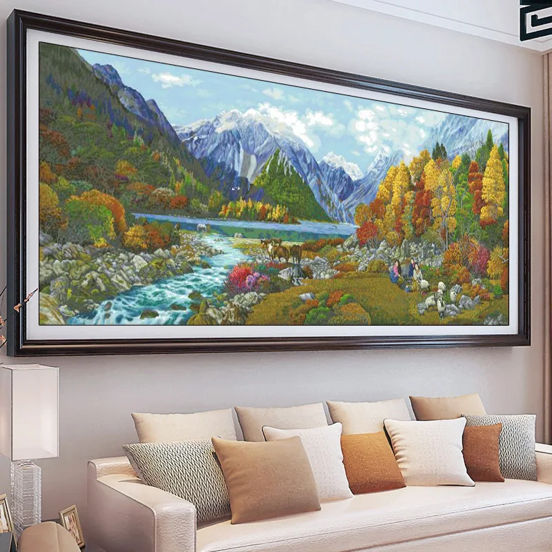 Cross Stitch Embroidery Kit Mountain Scenery Large Size Thread Drawing DIY Needlework Kit Decorate Printed on Canvas 11CT