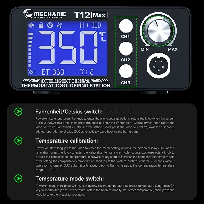 MECHANIC T12 MAX Lötstation 75 W Thermostatischer Schweißkolben 3 Gänge Speicher PCB Reparatur Intelligenter digitaler Lötkolben