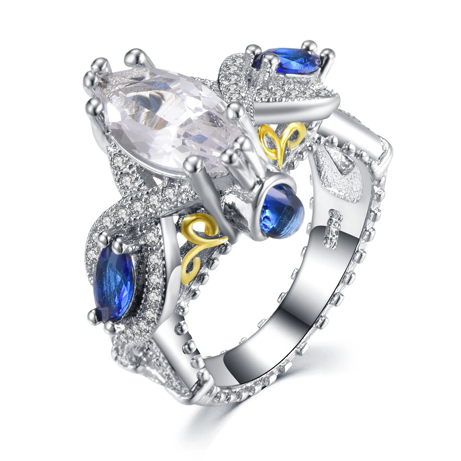 Hot Sale inlaid blue zircon two-color ring 18k gold color separation ring