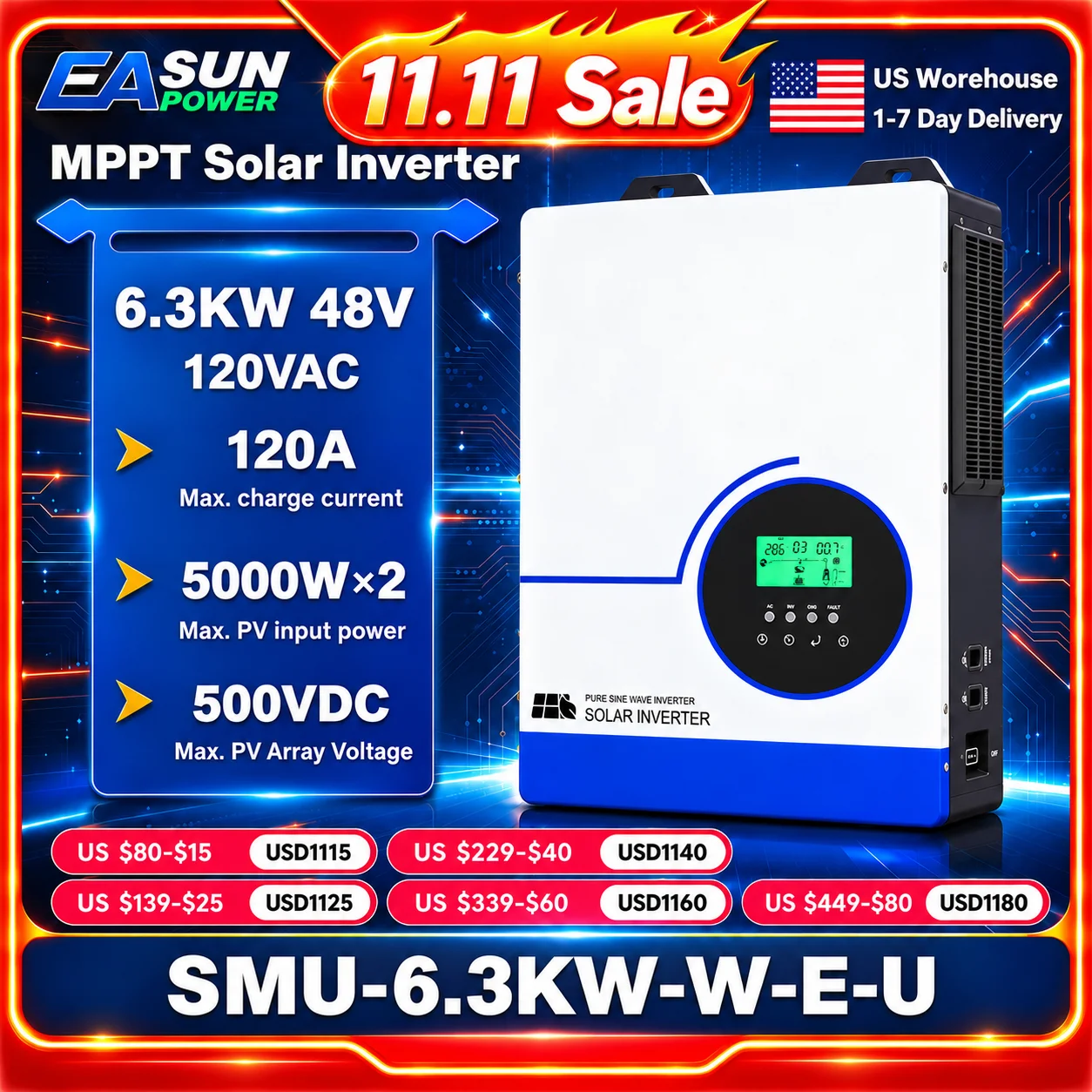 EASUN POWER Hybrid Solar Inverter 6.3KW MPPT 120A 500VDC PV Input 110VAC 48VDC 6300W Pure Sine Wave Hybrid for US warehouse Free Duty