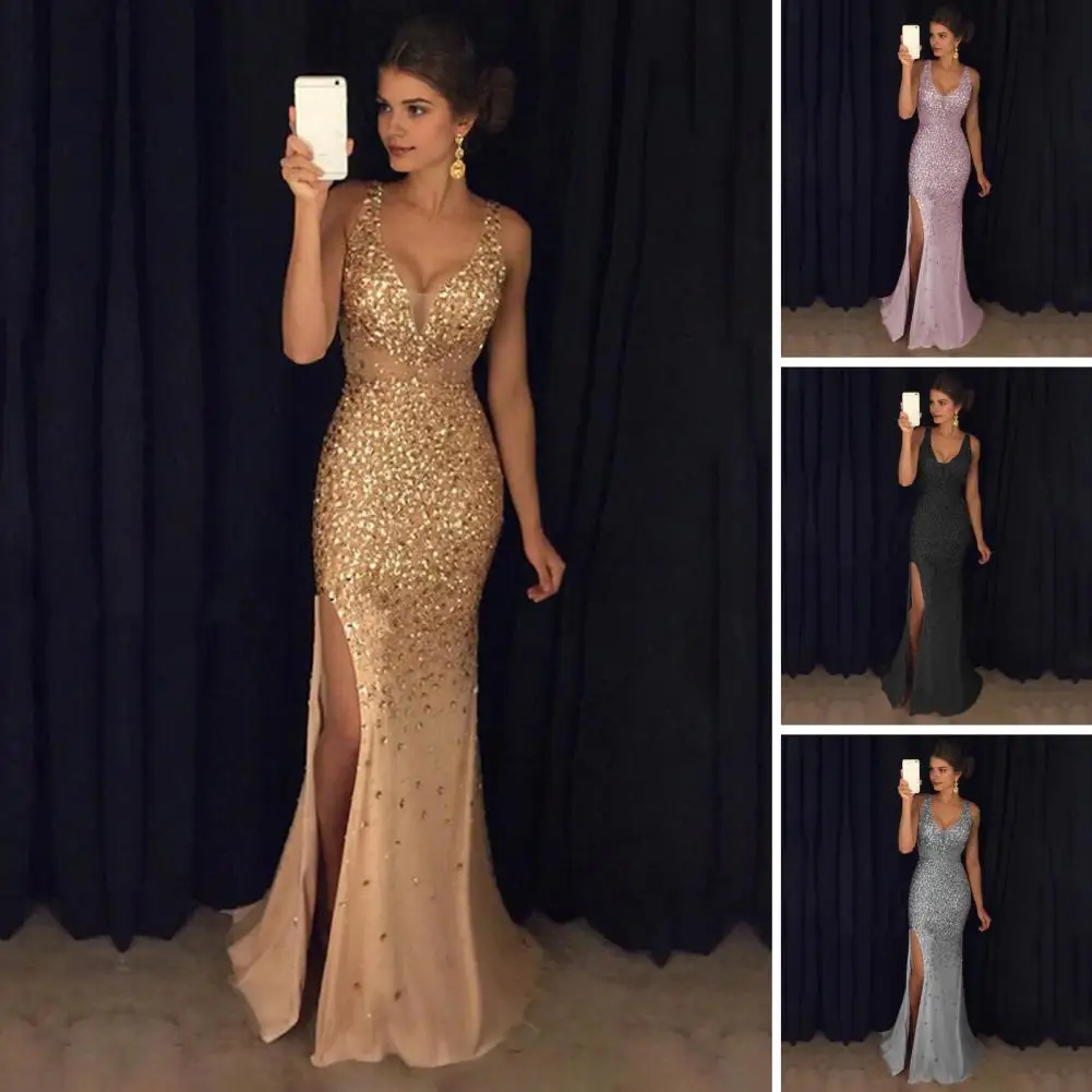 Women Evening Dress V Neck Mesh Patchwork Sequin Sleeveless Split Hem Mermaid Shape Slim Fit Prom Party Banquet Bride Maxi Dress