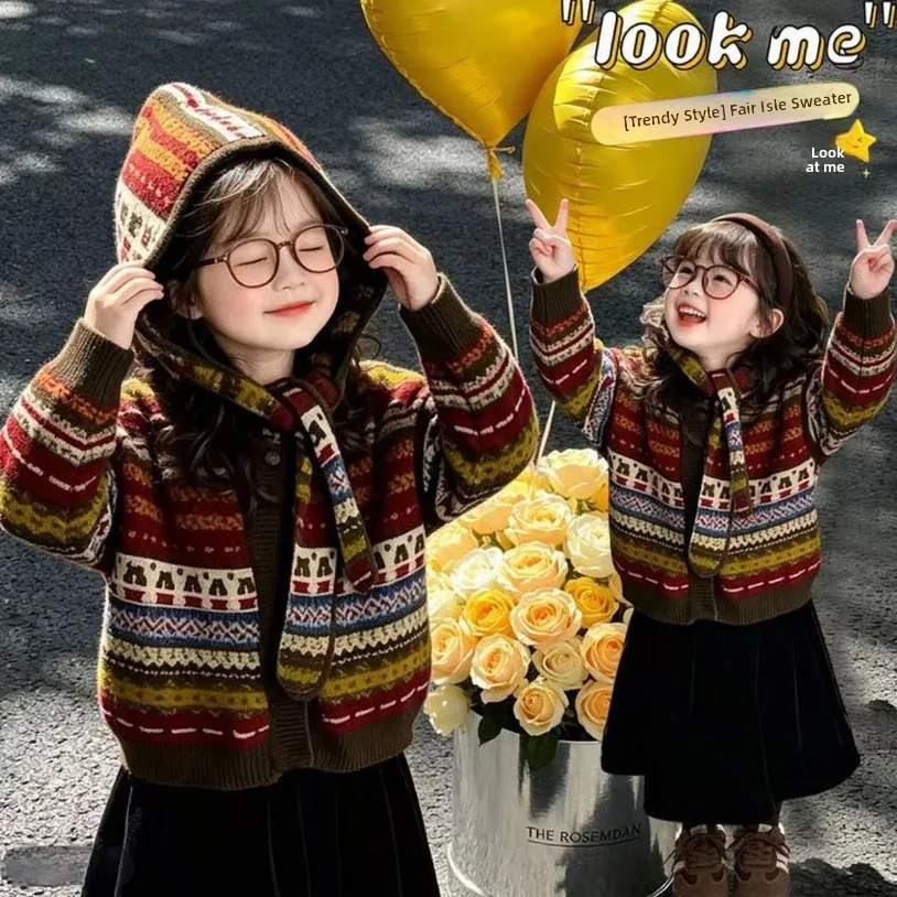 Retro Korean Style Fair Isle Knitted Sweater Coat for Girls with Detachable Hat Autumn Versatile Soft Comfortable Warm Long S...
