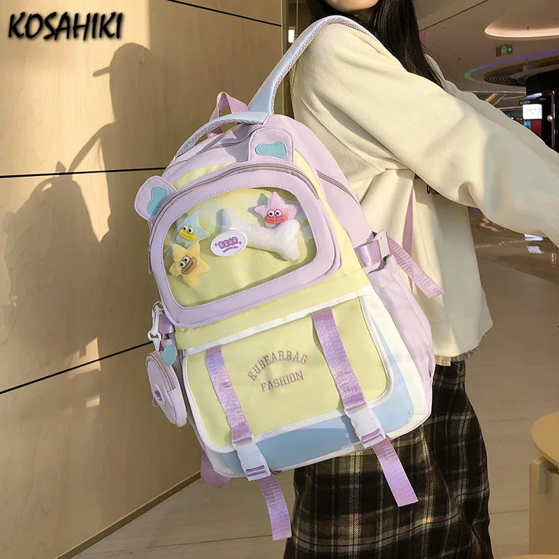 

High-capacity Casual Contrast Color Backpacks Y2k Aesthetic Transparent Schoolbags Streetwear Students Patchwork Backpack Women