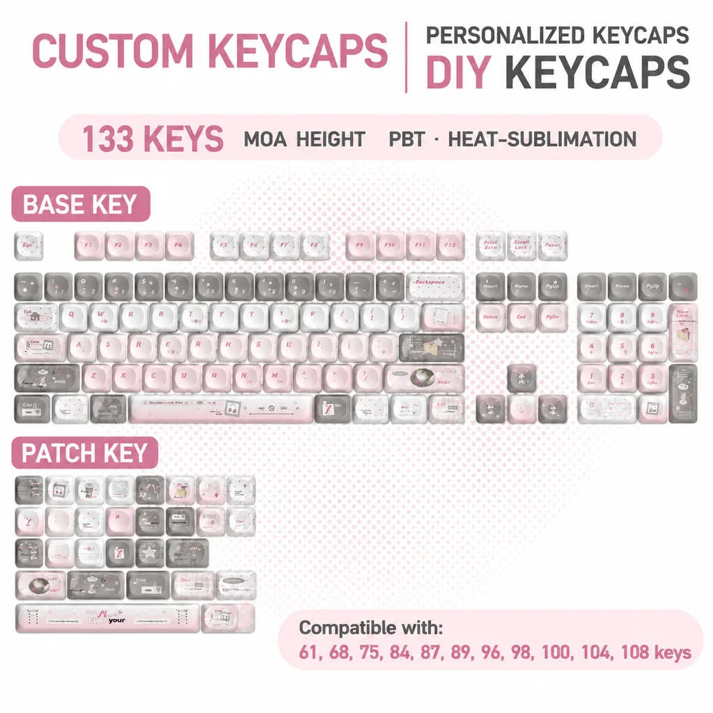 Light Dreamy Cute PBT Keycaps,Custom MOA Profile Doubleshot Key Cap Set For MX Switches Mechanical Keyboards 60% 75% 80% 100%