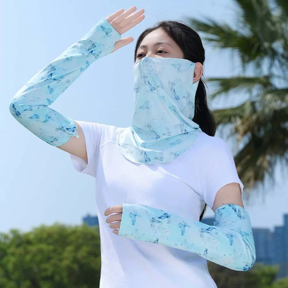 

3pcs Breathable Floral Ice Silk Mask UPF50+ Elastic Ice Silk Sunscreen Sleeves Drawstring Neck Scarf Women Sunscreen Veil