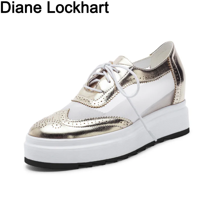 Scarpe da donna piatte Bullock con plateau in argento dorato metallizzato con plateau traspirante Oxford da donna nuove