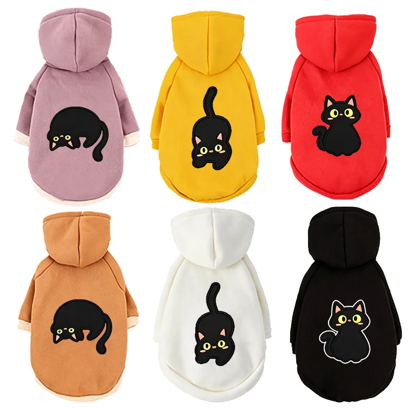 Cute Black Cat Graphic Print Dog Hoodie Soft Warm Pet Sweatshirt Casual Pullover Outfit Costume For Small Medium Teddy Bichon