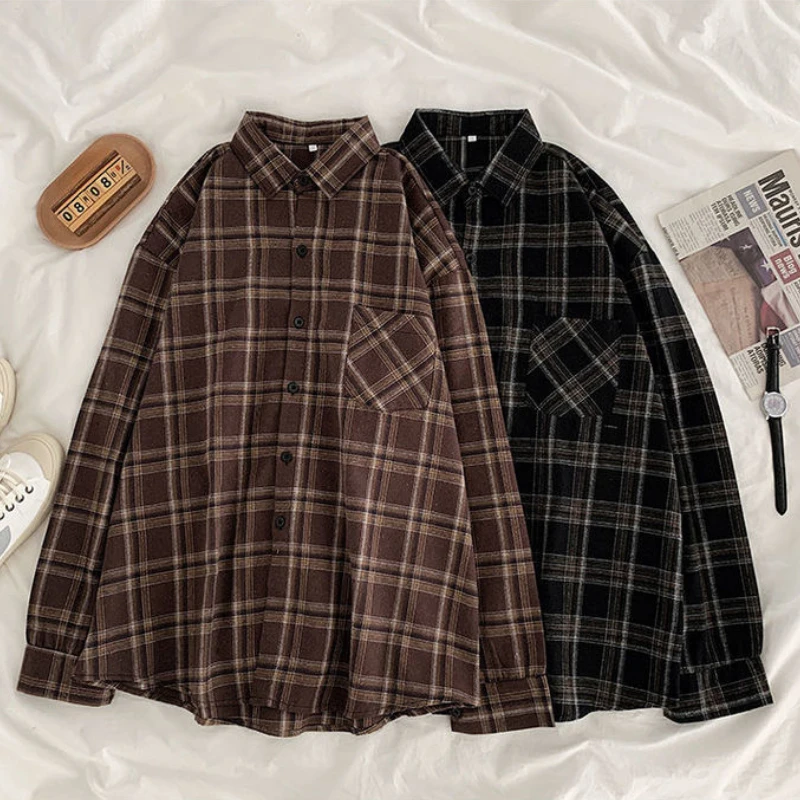 3XL Women Shirts Baggy Plaid Long Sleeve Chic Fashion Simple Casual New Females Spring Tops All-match Streetwear Retro Ulzzang