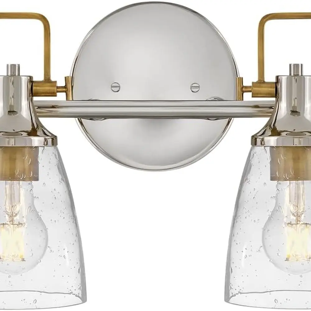 

Modern Industrial Vanity Light, Clear Seedy Glass, Dual Mount, Polished Nickel & Heritage Brass Finish