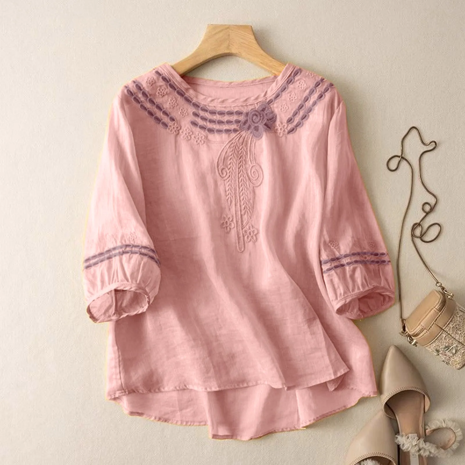 2024 Summer Literary Vintage Embroidery Hollow Out Shirt Ladies Loose Casual Fashion Pullover Top Women Solid Color Blouse Femme