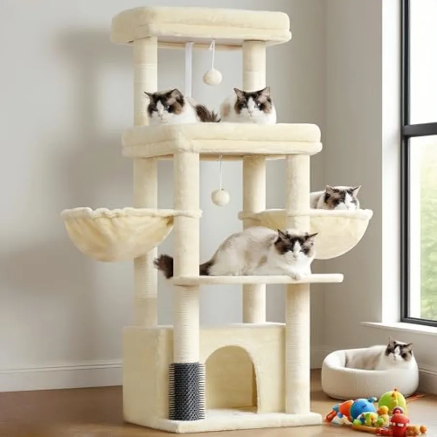 

Cat Tree Tower for indoor use engineered wood with beige fabric extra large platform spacious condo 2 cozy hammocks self-groomi