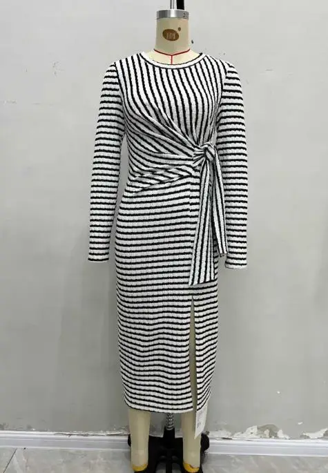 

Womens Dresses 2025 Spring Autumn Fashion New Striped Print Waist Twisted Lace Up Split Round Neck Long Sleeve Casual Dress