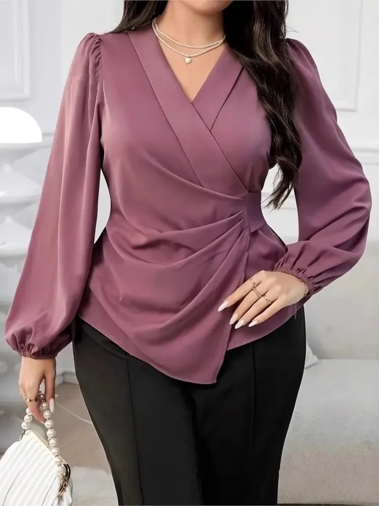 Plus Size Herfst V-hals Trui Tops Vrouwen Onregelmatige Geplooide Slanke Taille Mode Dames Blouses Lantaarn Lange Mouw Vrouw Tops