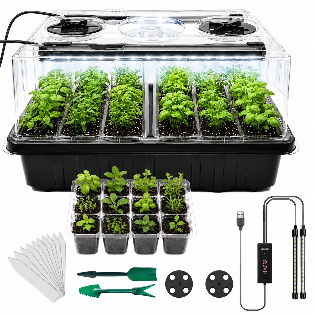 Seed Starting Trays with Grow Lights - Indoor Greenhouse Germination Kit with USB Controller, Adjustable Vents & Seedling