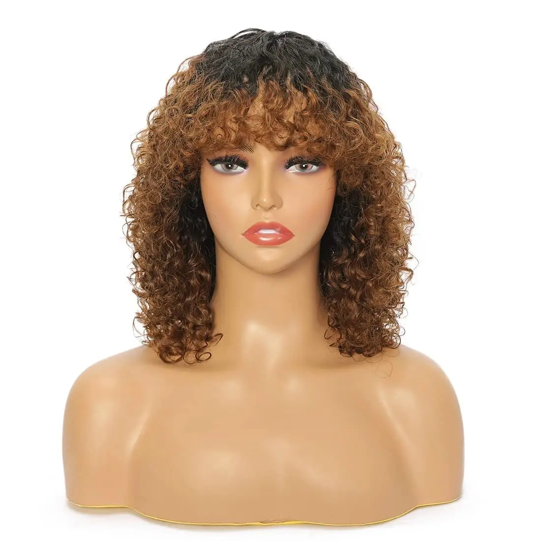 Curly Wig With Bangs Human Hair Glueless Kinky Curly Bob Wigs Ombre Brown Afro Curly Wigs for Women Jerry Curly Wig Human Hair