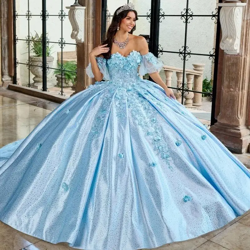 

Sky Blue Shiny Quinceanera Off The Shoulder Applique Flower Beads Bow Tull Party Birthday Ball Gown Sweet 16 Dress customized