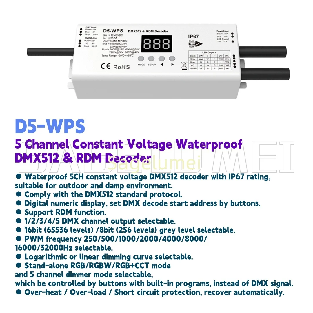 D5-WPS 5 Channel Constant Voltage DMX512 & RDM RGB/RGBW/RGB+CCT Mode Decoder New 5CH*4A 12-48VDC IP67 Waterproof DMX Decoder