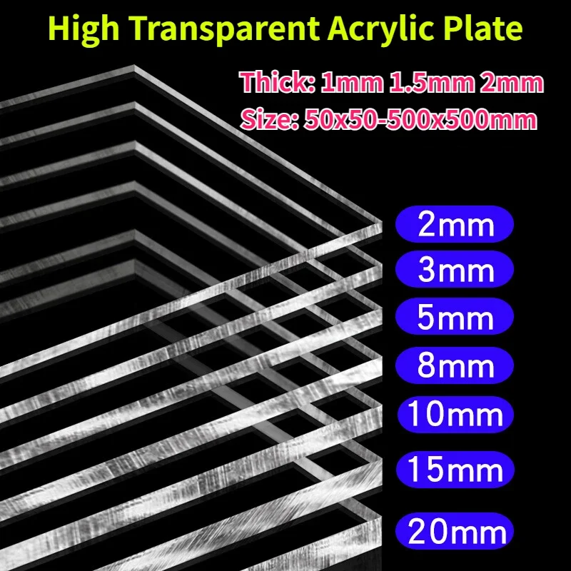 1-20Pcs Thick 1/1.5/2mm High Transparent Acrylic Plate PMMA Plexiglass Plastic Plate DIY Display Projects 50x50mm-500x500mm