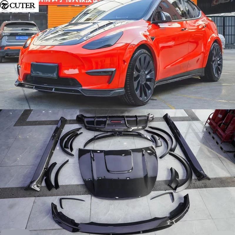 Model Y Carbon Fiber Front Lip Rear Diffuser Side Skirts Hood Bonnet Rear Spoiler Wheel Eyebrow for Tesla Model Y Car body kit