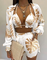 Women's Beach Suits 2024 Summer Latest 3Pcs Tropical Leaves Print Crop Top&pocket Design Shorts Set with Lantern Sleeve Shirt