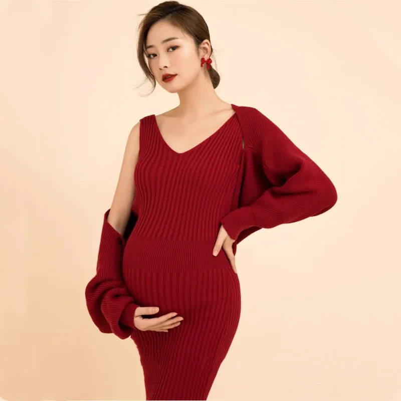 Knitted V-neck Maternity Dress Cardigan Set Suit Baby Shower Red Jersey Pregnancy Clothes for Pregnant Women Postpartum Clothes