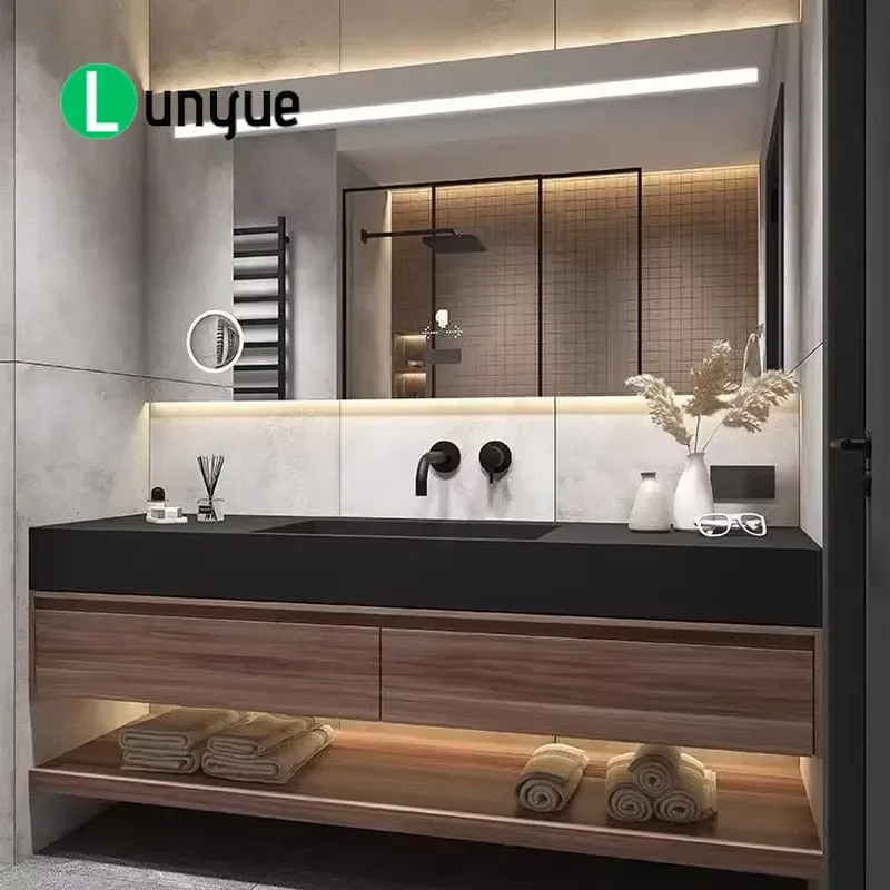 Modern Solid Wood Floating Bathroom Sink with Artificial Stone Countertop Multifunctional Washbasin for Hotel Home Use