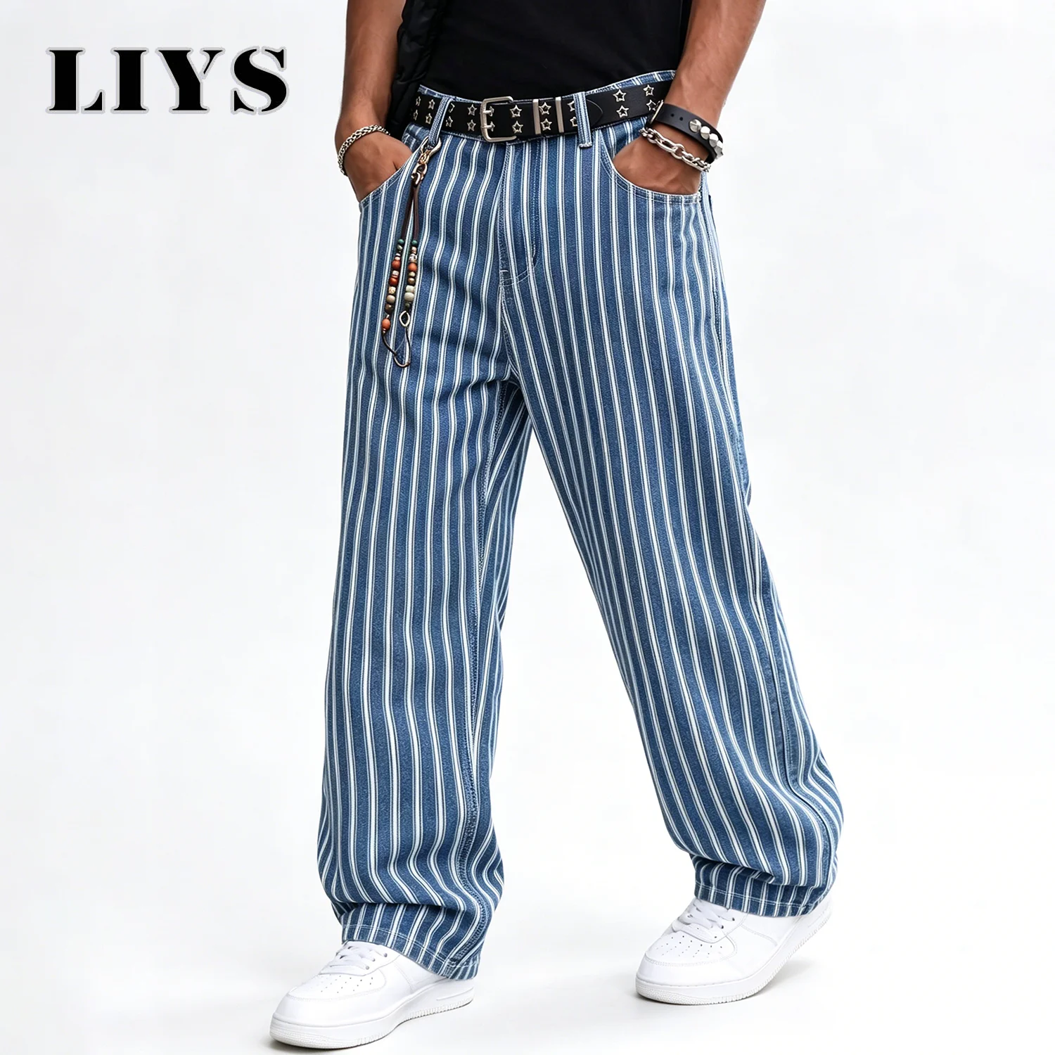 LIYS Men's Blue White Striped Jacquard Straight Leg Jeans Baggy Casual Pants Suitable for Work and Leisure Without Elasticity