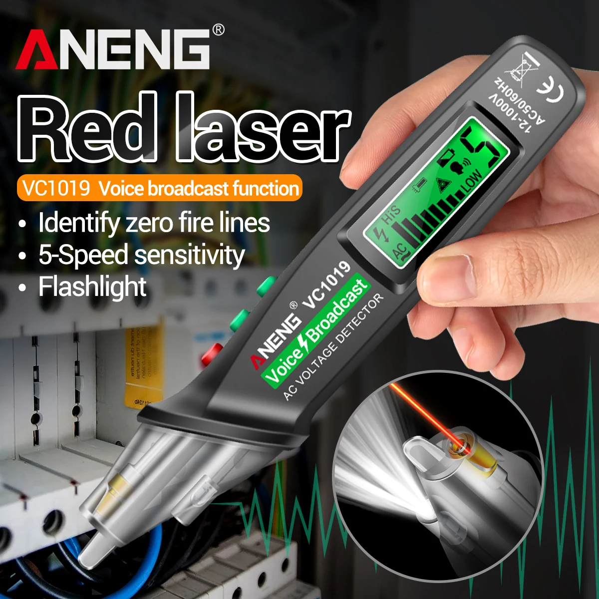 

ANENG VC1019 Infrared Laser Voltage Voice Broadcast Tester 12V-1000V Backlit Display Screen Professional Breakpoint Portable Too