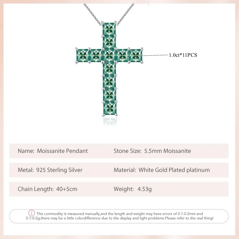 Follow Cloud 5.5mm 11 Carats Green All Moissanite Diamond Cross Pendant Necklace for Women Sterling Silver S925 Fine Jewelry