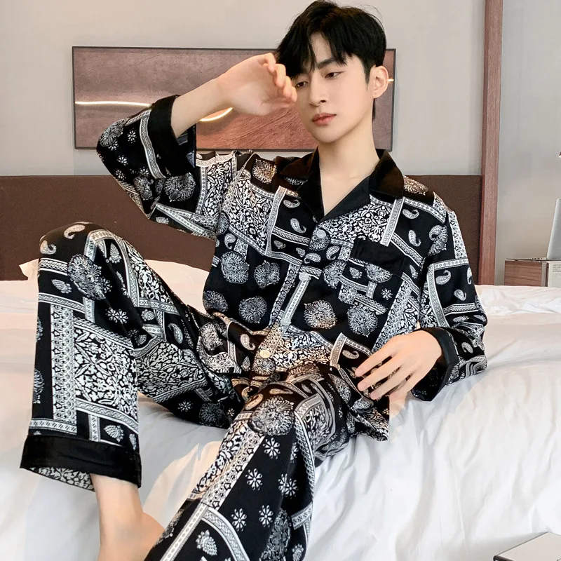 High Quality Satin Printed Pajamas Set Men\'s Nightwear Ice Silk Long Sleeve Loose Thin Teen Home Clothing Wear Suit Male Pyjama