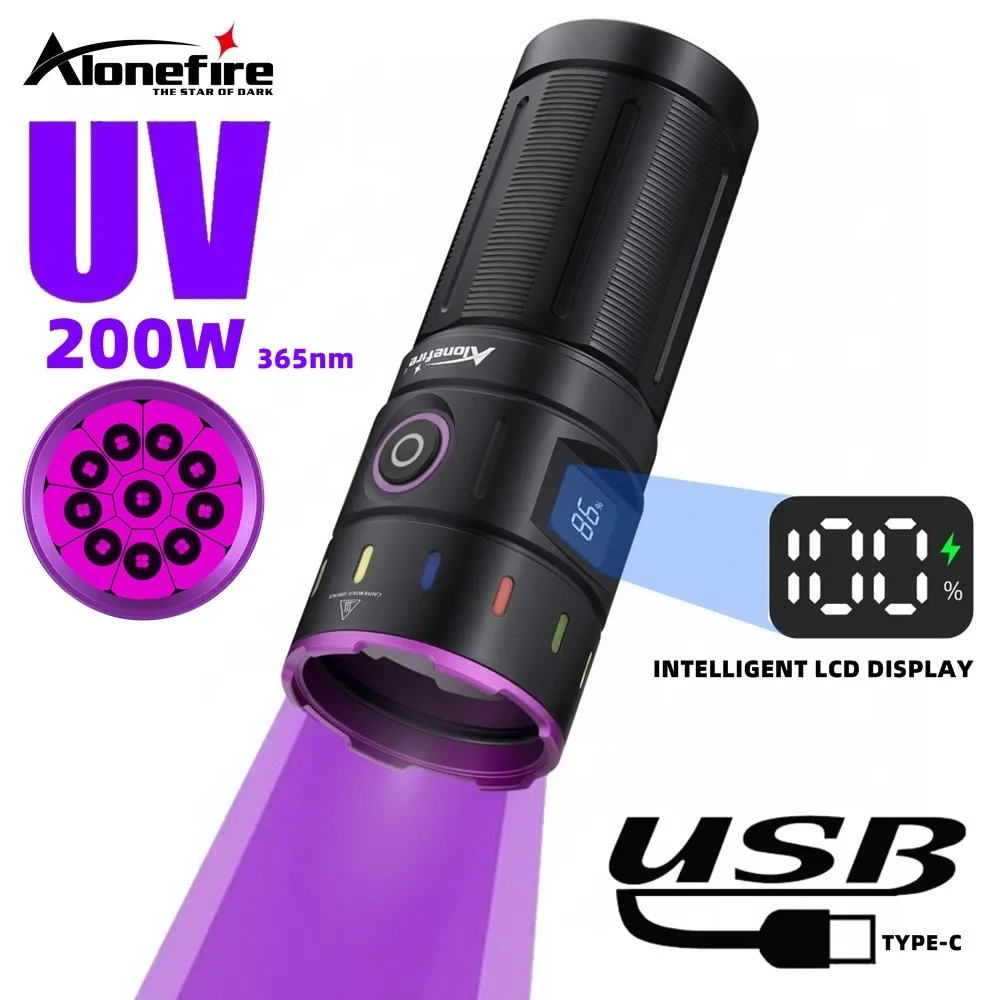 Powerful 200W 365nm UV Flashlight Ultraviolet Blacklight Violet Torch Type-C Rechargeable Pet Urine Stain Fluorescent Detector