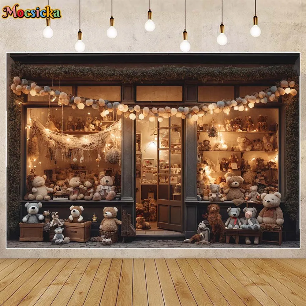 

Mocsicka Photography Background Bear Gifts Shop Glass Showcase Lights Kids Photocall Backdrops Bear Wallpaper Photo Studio Props