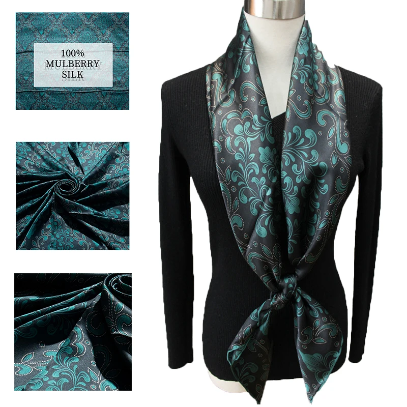 

Natural Mulberry Silk Satin Square Scarf Vintage Green Gem Flower Pattern 106cm Hand Rolled Edges Luxury Shawl Wrap for Women
