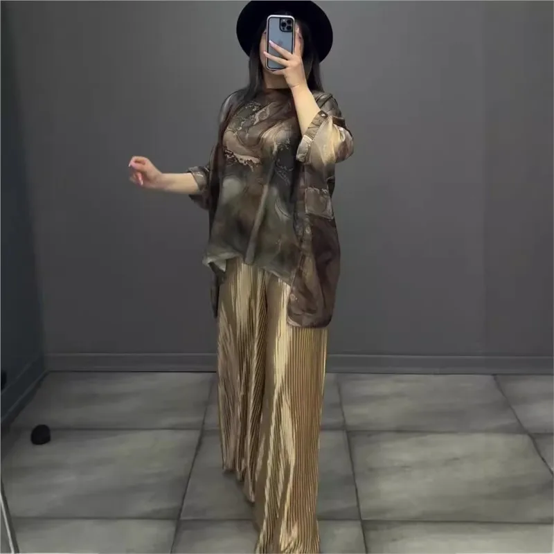 

Spring Fall Geometric Print Vintage Set Women Elegant O Neck Loose Top Pullover & Pleated Wide Leg Pants Outfit Casual 2pcs Suit