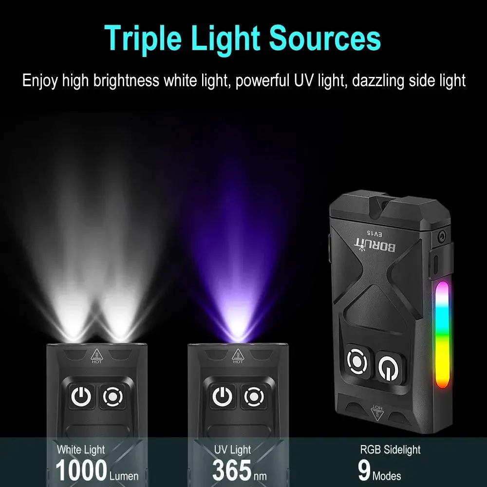 BORUiT EV15 LED UV EDC مصباح يدوي سلسلة مفاتيح مغناطيسية ضوء العمل نوع-C قابلة للشحن الشعلة قبعة كليب مصباح التخييم جيب فانوس