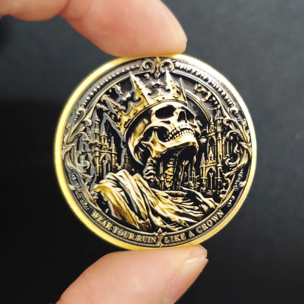 Wear Your Ruin Like A Crown Dark Metal Badge Gothic Skull King Raven 3D Embossed Medal Collectible Halloween Punk Ornament