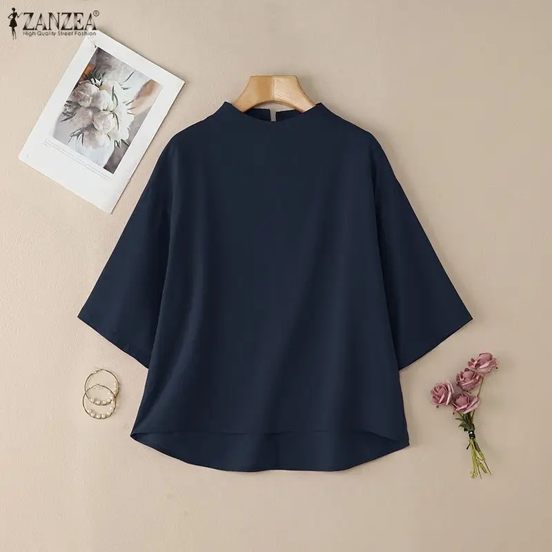 

Women Fashion High Low Blouses 2026 Spring Casual Style Drop-Shoulder 3/4 Sleeve Stand Collar Solid Tops ZANZEA Woman Clothes