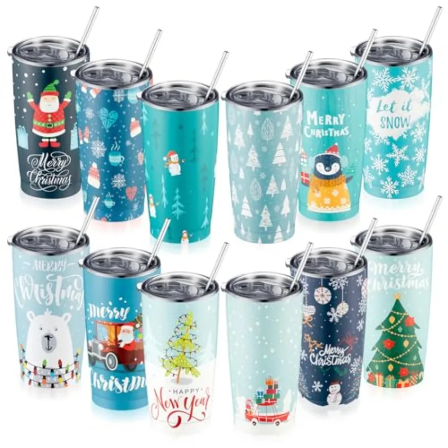 

12 Pack Christmas Stainless Steel Tumblers 20oz Insulated Double Wall Vacuum Travel Mugs with Lids and Straws for Hot and Cold
